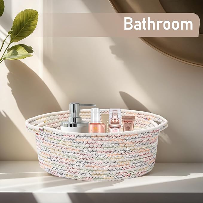 Woven Basket,Small Rope Storage Bin with Handles & Ribbon Bag, Organizer for Shelves Closets,Gift Basket Empty for Birthday,Books,Dog Toys, Colorful