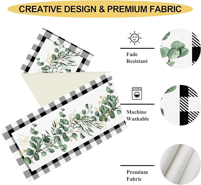 Green Eucalyptus Table Runner, Farmhouse Spring Plants Leaves Checkered Baffalo Plaid Rustic Country Greenery Cafe Coffee Table Center Decor For Home Kitchen Dining Patio Indoor Outdoor, 13"x108" Inch