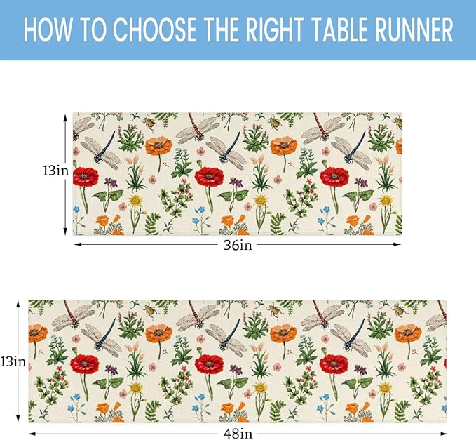 Flowers Dragonflies Table Runner Kitchen Dining Table Runner 13*90in Table Center Decor for Indoor Outdoor Home Holiday Party