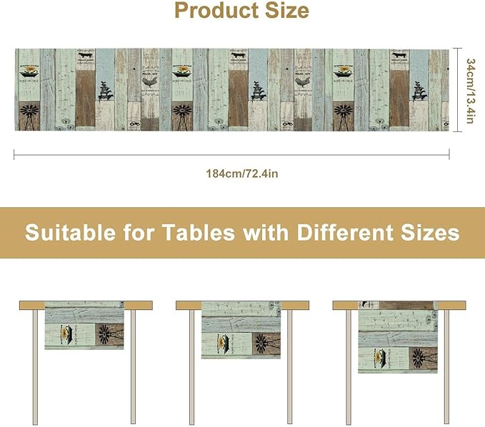 Rustic Farmhouse Table Runner, Vintage Country Blue Green Wooden Board Cow Chicken Pig Windmill Print Table Runner for Kitchen Dining Room Wedding Party Decor, 13x60inch