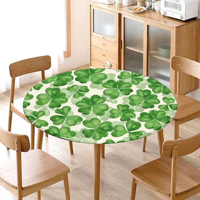 St Patricks Day Round Fitted Tablecloth with Elastic Spring Green Watercolor Shamrock Circle Table Cloth for 36-40" Tables Waterproof Washable Clover Leaf Floral Table Cover for Outdoor Picnic Dining