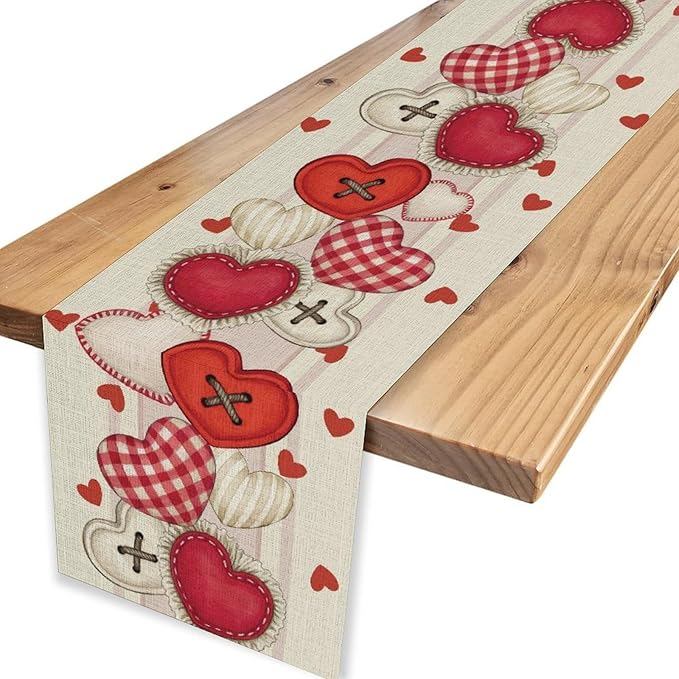 Valentines Day Table Runner,Rustic Red Heart Buttons Runner for Table Seasonal Romantic Decor for Indoor Outdoor Dining Table Decorations, 13"x90"