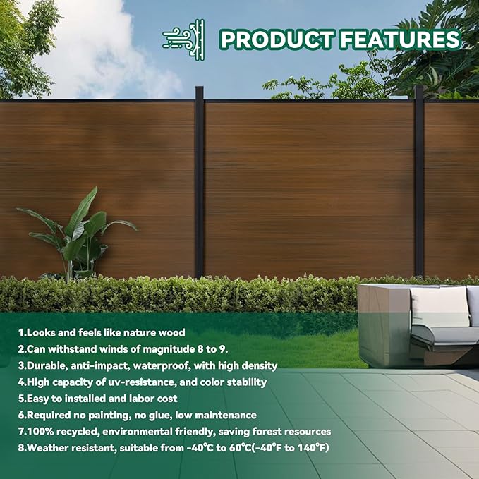 Mondaria Fence Privacy Screen with 8ft In-ground Posts, 6ft(H) x48t(W) Wood Plastic Composite Fence Panels Weather-Resistant Outdoor Fence for Backyard/Garden (Brown, 9 Posts)