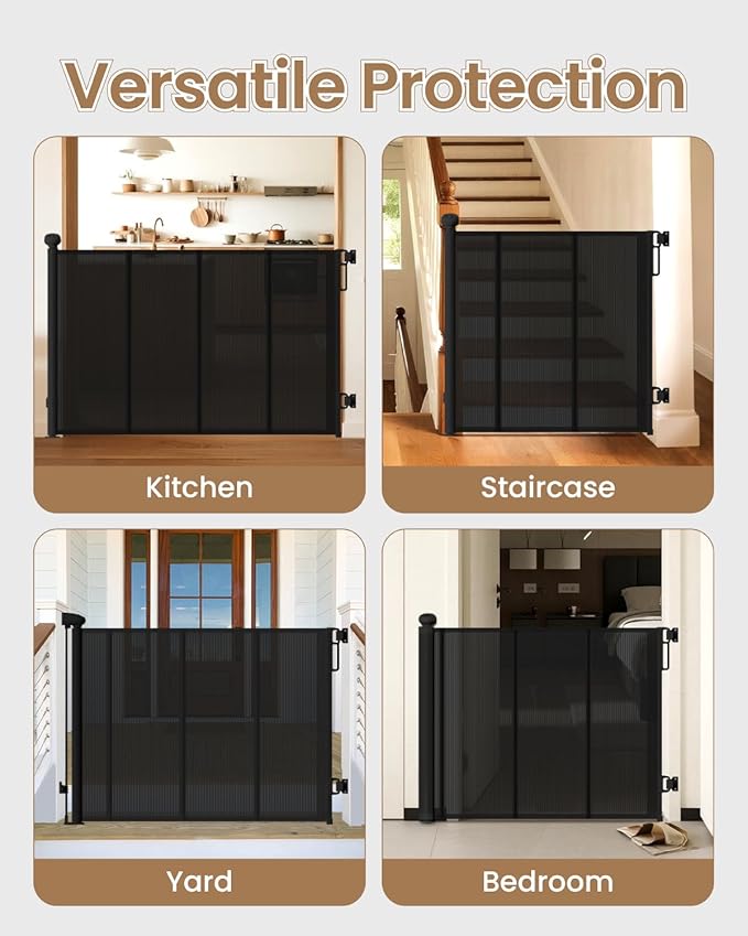 Upgraded Retractable Baby Gate - 71" Wide 34" Tall Mesh Child Safety Gate with High-Density Reinforced Rods, Easy One-Hand Operation Retractable Dog Gate, Fits Baseboards, Black