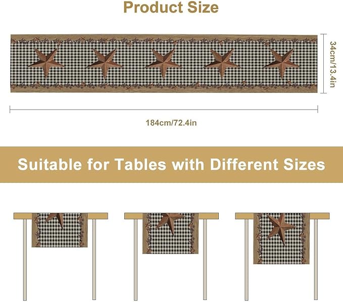 Rustic Star Table Runner, Vintage Wood Barn Black Grid Western Texas Farmhouse Country Print Table Runner for Home Party Patio Indoor Outdoor, 13x60inch