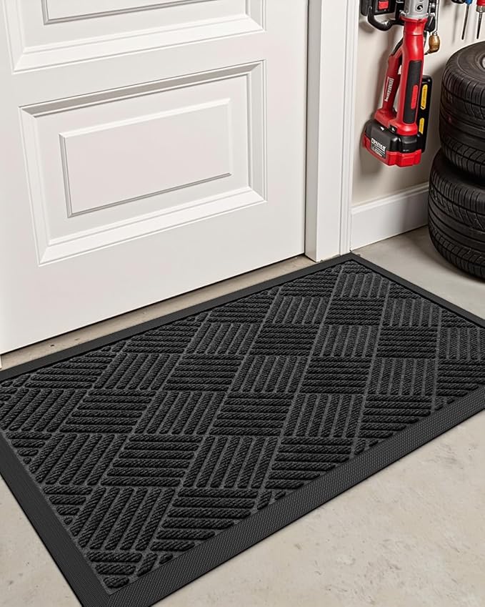 DEXI Front Door Mat Outside Entrance, 2x3 ft Rubber Entry Doormat Heavy Duty, Welcome Mats Non Slip for Inside House Floor Entryway Back Doors Exterior Patio, Diamond Black