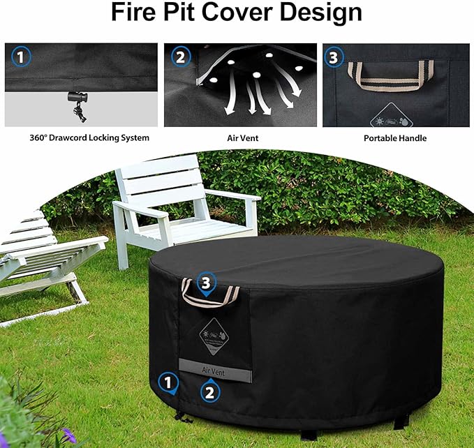 QH.HOME Fire Pit Cover Round Super Waterproof, 40inch Outdoor Round Firepit Cover 600D Strong Tear Resistant, UPF 50+ Fire Pit Covers Premium Fading Resistant for Outdoor Fire Pit - Black