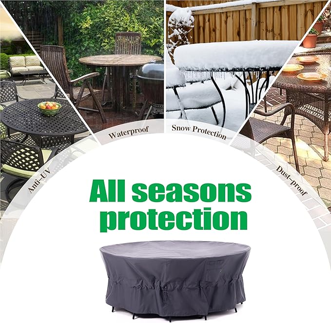 F&J Outdoors Patio Furniture Covers, Heavy Duty Tear Resistant Waterproof UV Resistant Windproof Extra Large Furniture Cover, Grey, 130" Dia x 35" H