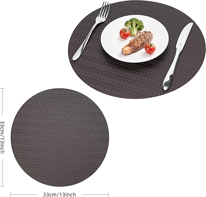 Round Faux Leather Placemats Set of 6 – 13 Inch Vinyl Mats, Heat Resistant, Non Slip, Wipeable & Washable, Easy to Clean Dining Table Decor for Kitchen & Holiday Gatherings(Black)