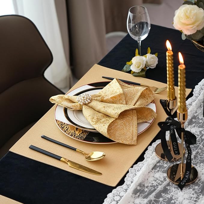 Faux Leather Placemats Set of 6, Heat Resistant Anti-Slip PU Place Mats for Dining Table, Waterproof Washable Wipeable Reversible Table Mats, Gold