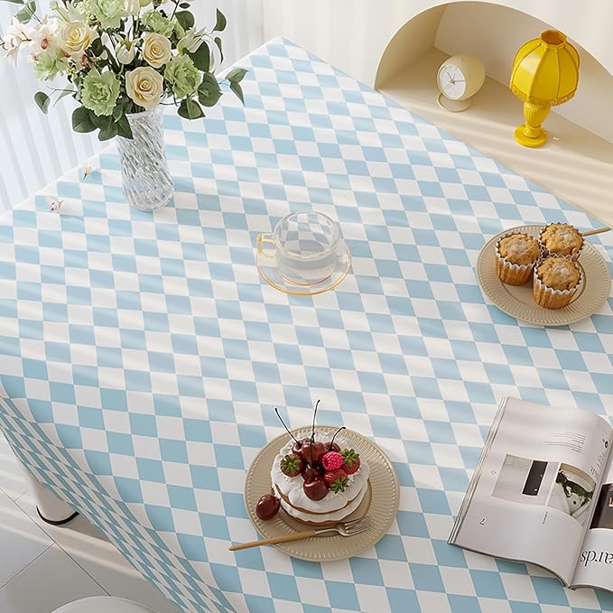 Rectangle Table Cloth,100% Waterproof Tablecloth Oil Proof Spill Proof Vinyl Table Cloth, Wipe Clean Plastic Table Cover for Dining, Camping, Indoor and Outdoor 54" x 102",Blue Checkered