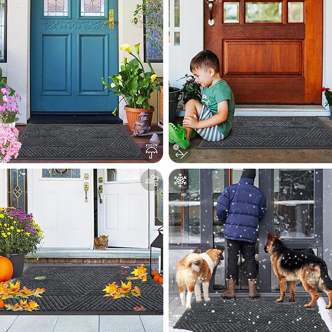Smiry Front Door Mat Outside Entrance, Heavy Duty Sturdy Natural Rubber Doormat, Trap Dirt and Moisture, Easy Clean Low Profile Mats for Indoor Outdoor Entry, Irregular Triangle (29.5x17, Silver Grey)