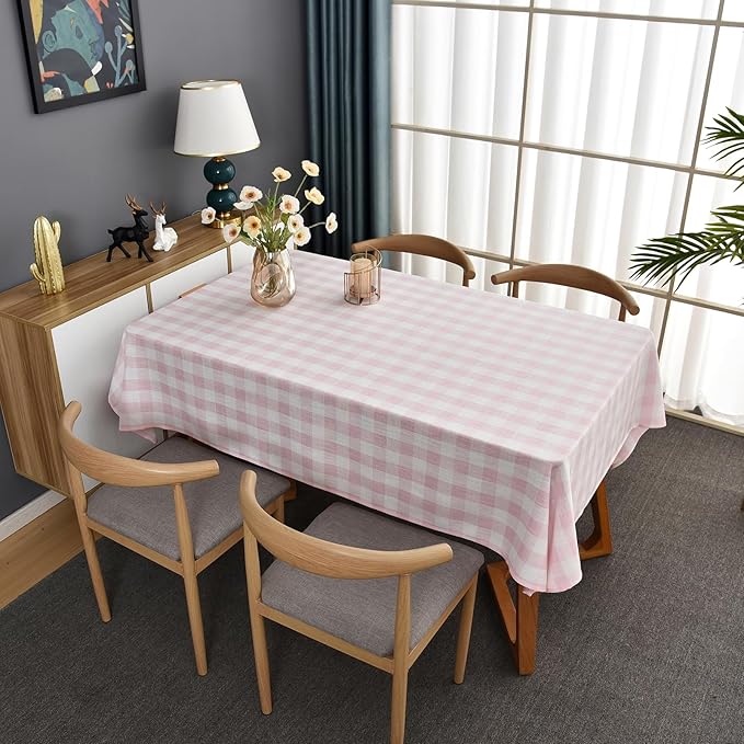 Gingham Table Cloth for Rectangle Tables Pink Checkered Plaid Tablecloth Heavy Duty Cotton Blend Washable & Wrinkle Table Cover for Outdoor Kitchen Dining Picnic Camping (52x120 Inch)