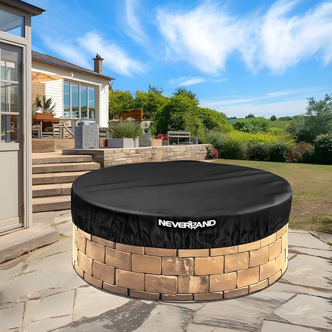 NEVERLAND Round Fire Pit Cover for In-Ground Fire Pits, 61-66 Inch Heavy Duty 600D Waterproof Outdoor Firepit Cover, Fits Built-In Stone Fire Pits, Black
