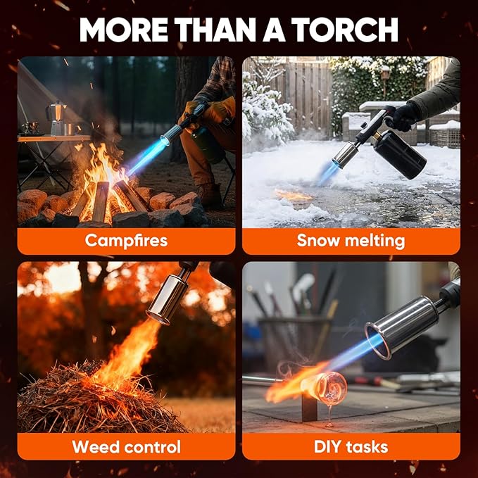 Propane Torch, Stainless Steel Torch Lighter, 3272°F Propane Torch Gun with Adjustable Flame & Safety Lock, for BBQ Grilling, Charcoal Igniting, Cooking, DIY Projects (2 Sets)