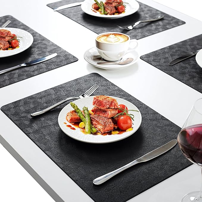Vinyl Placemats Set of 6 Faux Leather 100% Waterproof Wipeable Washable Place Mats Heat Resistant Easy Clean Non-Slip Table Mats for Indoor Outdoor. (6,Black)