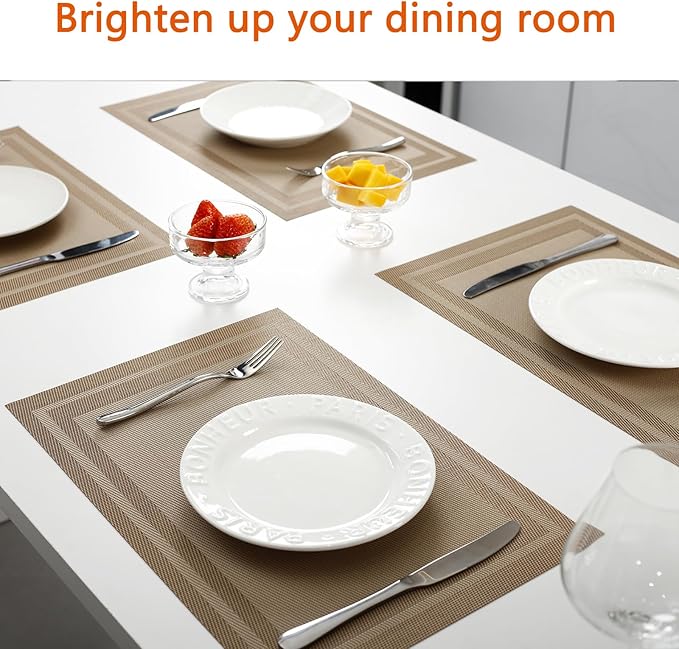 Placemats Set of 12 Washable& Wipeable Placemats for Dining Table Kitchen Indoor Outdoor Table mats Heat Resistant Non Slip Woven (Khaki,12PCS)