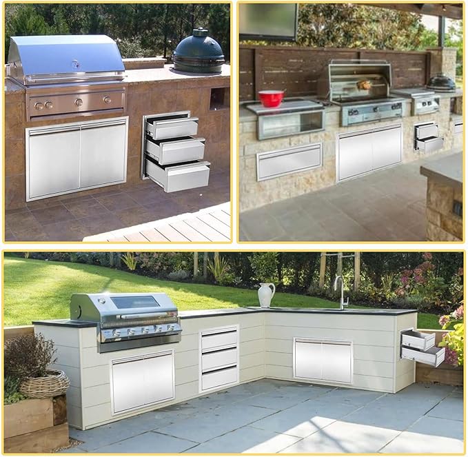 Outdoor Kitchen Drawers 14" W x 21" H x 23" D Triple BBQ Drawers Stainless Steel Built-in Drawer for Patio Grill Station or Outdoor Kitchen Island