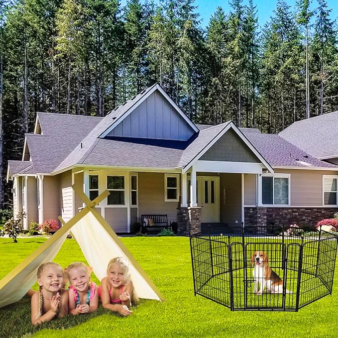 ADAVIN 32 in(H) Garden Fence with Low Threshold Door,14 Panels Total 31Ft(L) Dog Fences for The Yard, Outdoor or Indoor Dog Playpen, Black Metal Garden Fencing Animal Barrier