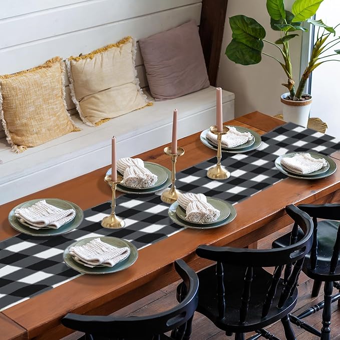 Fabric Checkered Table Runner 6 Pack Waterproof Gingham Table Runner 14W x 108L Buffalo Check Table Runners for Parties Kitchen Dining Wedding Banquet (Black and White)