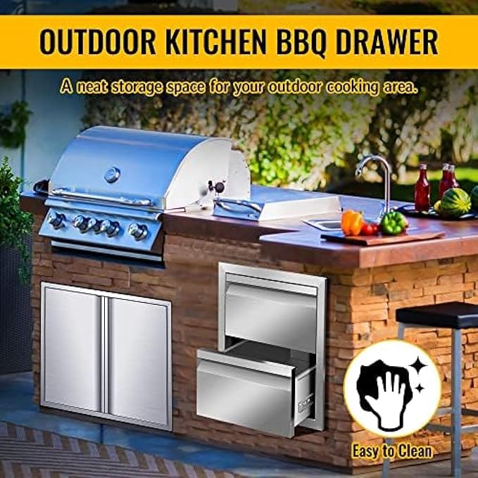 Flush Mount Stainless Steel Double Drawers with Recessed Handles for Outdoor Kitchens Or BBQ Island,-14W X 15H X 23D Inch