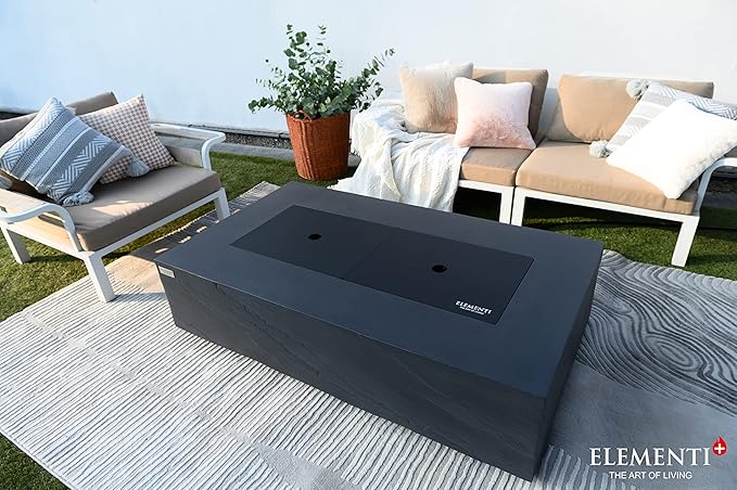 Elementi+ | Cape Town Gas Fire Pit Cast Concrete 56" Rectangular Fire Table, Outdoor Fire Pit Electronic Ignition | Canvas Cover, Fire Glass and Burner Lid Included | Dark Gray | Propane Gas