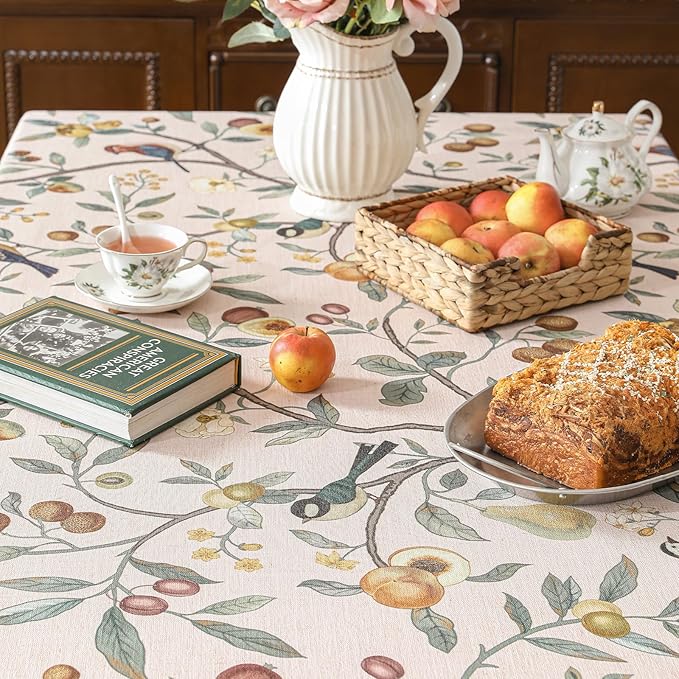 Linen Table Cloth Rectangle,Wrinkle Resistant French Pink Tablecloth Print with Froal,Decor Stitch Table Cloth for Thanksgiving,Dining Room,Home,Kitchen 55" × 87"-Dewey A