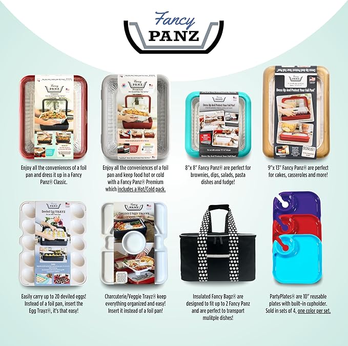 Fancy Panz- Limited-Edition Bundle - White Classic Aluminum Foil Pan Carrier with Lid + Deviled Egg + Charcuterie Insert - Food Serving Tray - Portable Casserole Carrier with Lid - Made in The USA