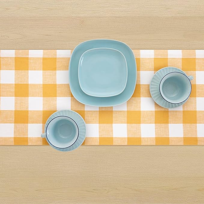 Solino Home Linen Checkered Table Runner 120 Inches Long - 100% Pure Linen Buffalo Check Mustard and White Table Runner 14 x 120 Inch Ideal for Dining, Spring, Easter