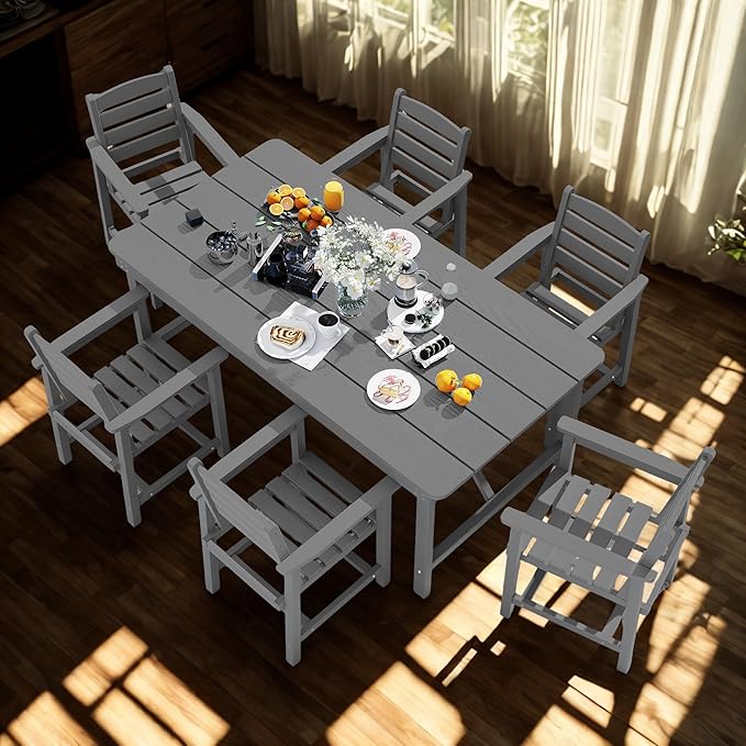 7 Piece Patio Dining Set with 11ft Patio Umbrella (Cream-White), 7 Gray Outdoor HDPE Dining Set with 6 Chairs + 1 Large Table, for Market, Pool, Garden, Backyard, Deck