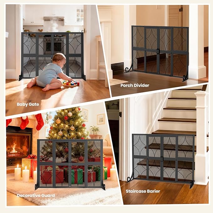 Fireplace Screen with Sliding Doors, 35" W x 28" H H Modern Wrought Iron Fire Spark Guard Cover for Christmas Decorative, Baby and Pet Proof, Small