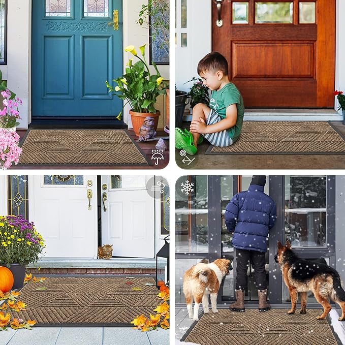 Smiry Front Door Mat Outside Entrance, Heavy Duty Sturdy Natural Rubber Doormat, Trap Dirt and Moisture, Easy Clean Low Profile Mats for Indoor Outdoor Entry, Irregular Triangle (59x30, Brown)