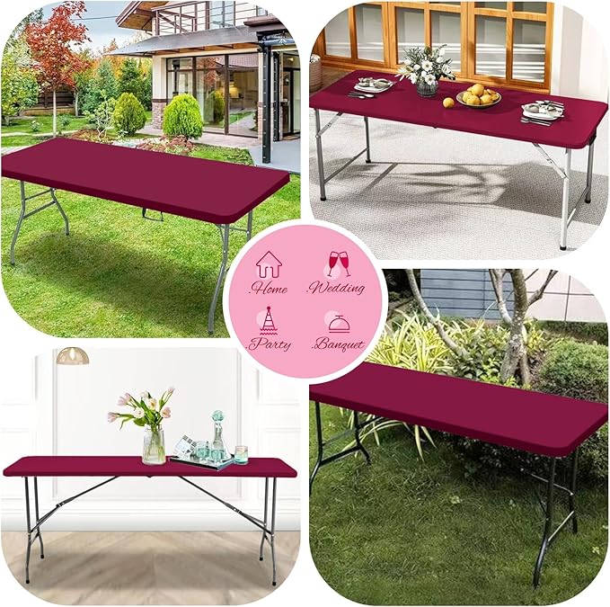 6 Pack Stretch Fabric Table Top Cap Cover, Wine Red Table Covers fits 8Ft Tables, Washable Elastic Universal Rectangle Tablecloth Protector for Indoor Outdoor Party Picnic Wedding (30" W x 96" L)