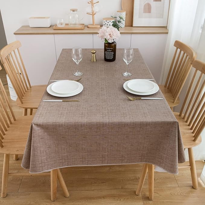 LIBERECOO Vinyl Tablecloth with Flannel Backing, Flaxen, Waterproof, Stain-Resistant, Easy-Clean Table Cover for Dining, Kitchen, and Outdoor Use, 60" x 102" Rectangle