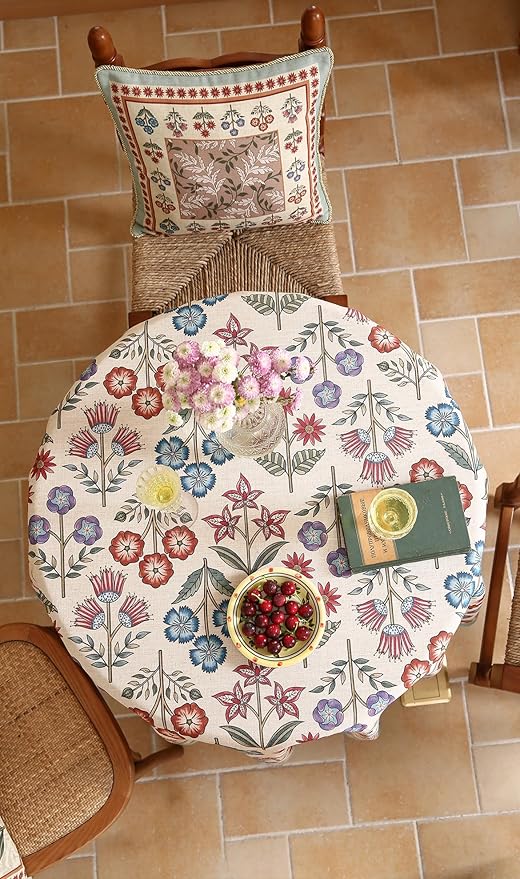 French Linen Round Tablecloth,Vintage Colorful Multiple Prints Soft and Durable Tablecloths,Decorative Table Cover for Kitchen,Dining,Party,Thanksgiving,Christmas,Diameter 67"-Lohi