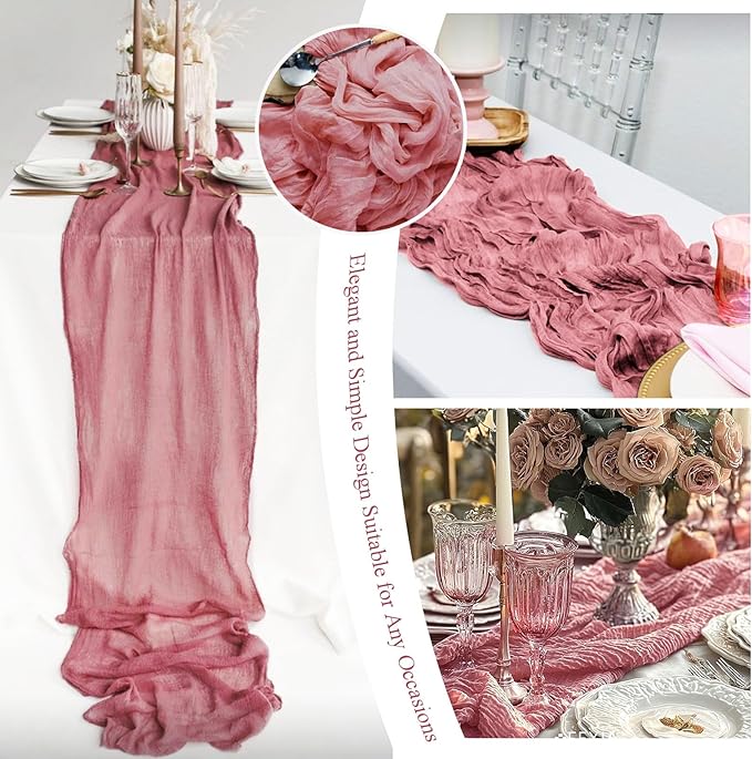 20 Packs Cheesecloth Table Runner 10FT Long Boho Gauze Fabric Table Runner Vintage Rustic Sheer Runners for Wedding Party Bridal Baby Shower Table Decorations (Dusty Rose )