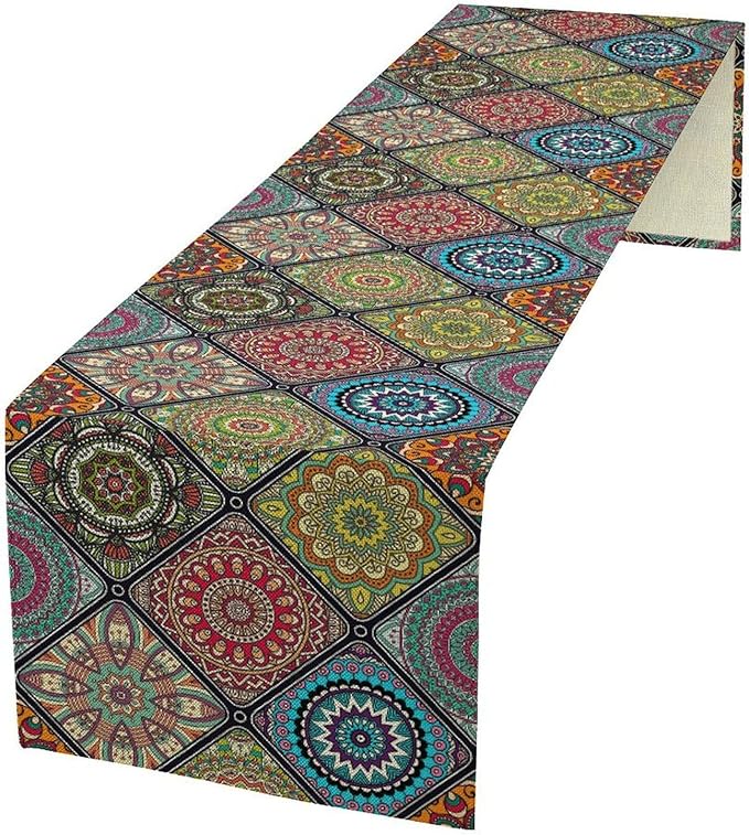 Bohemian Mandala Table Runner, Vintage Colorful Boho Geometric Floral Flower Antique Paisley Rustic Coffee Table Center Decor for Family Kitchen and Living Room Outdoor Table Decorations, 13"x36"