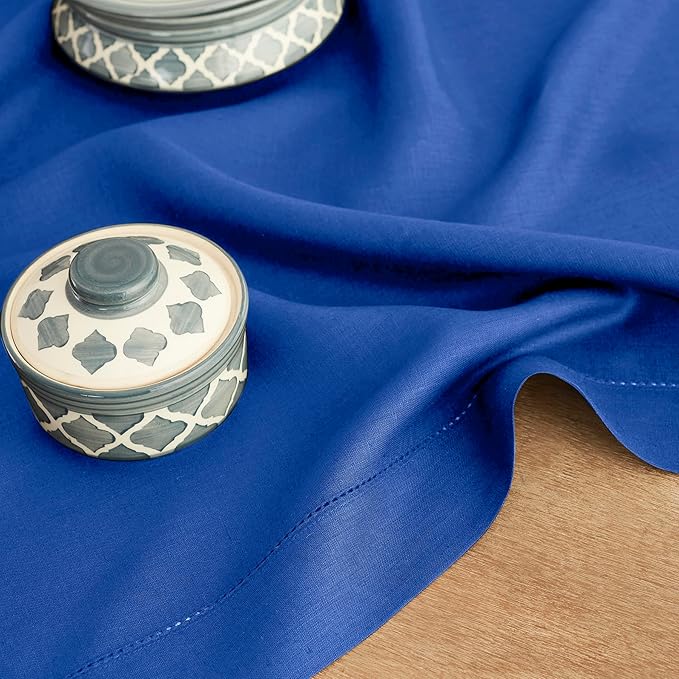 Solino Home Linen Royal Blue Table Runner 108 Inches Long - 100% Pure Linen 14 x 108 Inch Table Runner for Winter, Spring - Classic Hemstitch