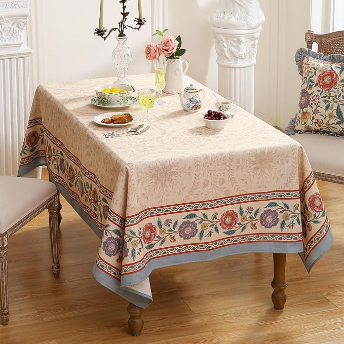 Beige Linen Square Tablecloth,Vintage Indian Style Soft and Colorfast Floral Tablecloths,Decorative Table Cover for Kitchen,Dining,Party,Thanksgiving,Christmas,67"*67"-Flowershadow E