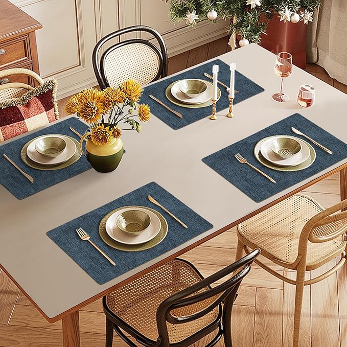 Faux Leather Heat Resistant Placemats Set of 6 – Waterproof Oilproof Wipeable Dining PU Vinyl Place Mat Easy Clean Table Mats for Kitchen/Dining/Party/Holiday, Navy Blue