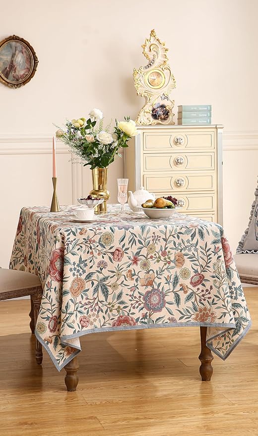 Designer Vintage Linen Rectangle Tablecloth,William Morris Floral Table Cloth with Colorful Pattern,Decor Table Cover for Kitchen,Dining,Thanksgiving,Christmas,63"*87"-Flowershadow a