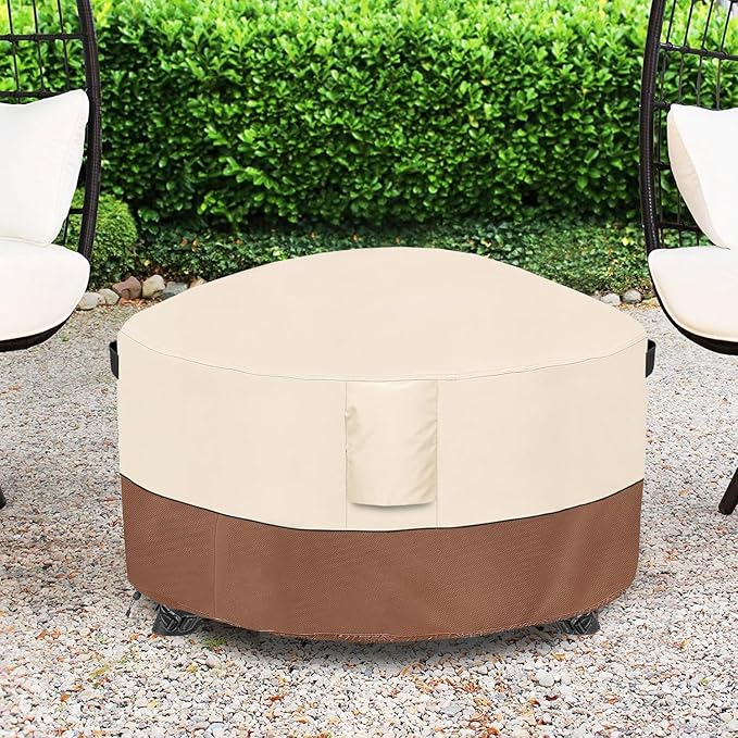 Fire Pit Cover,Outdoor Heavy Duty 600D 100% Waterproof Fire Pit Cover Round,Weatherproof Firepit Covers Round 44" Dia x 24" H,Beige & Brown