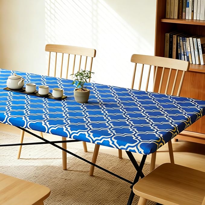 Rectangle Picnic Table Cloth, Elastic Waterproof Fitted Vinyl Tablecloths for 5 Foot Tables, Wipeable Flannel Backed Table Covers for Dining, Camping, Outdoor(Blue,36"x60")