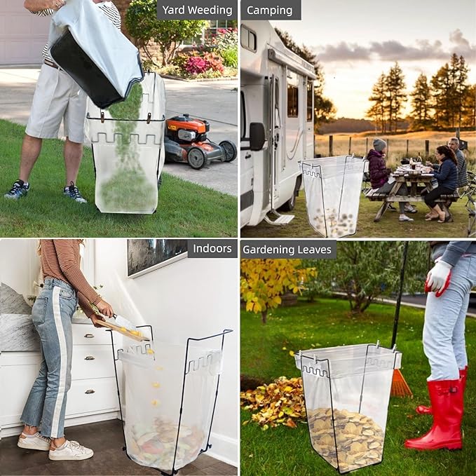 Garden Trash Bag Holder - Outdoor Leaf Bag Support Stand Multi-Use Metal Garbage Bag Holder Frame Holds 30-45 Gallons Bag for Leaves, Camping, Yard Weeding, Lawn Party