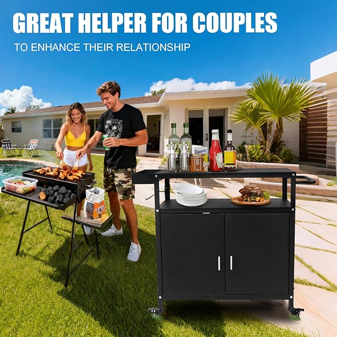 Grill Cart with Storage, Outdoor Bar Cart Rolling BBQ Cart Movable Pizza Oven Table Stand with Foldable Stainless Steel Top & Storage Cabinet, Black(34.6 x 17.7 x 34.6 Inch)
