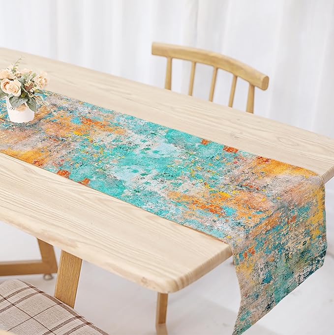 OYIMUA Modern Abstract Teal Yellow Colorful Table Runner 13 x 90 Inches Summer Runners for Tables Rustic Spring Fall Decorations for Home Indoor Outdoor Table Decor