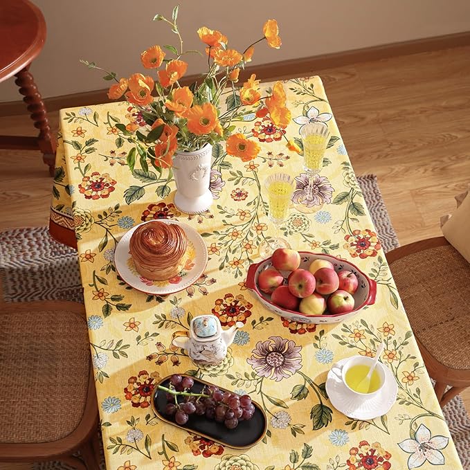 Vintage Linen Small Tablecloth for Square Table,Yellow Floral French Wrinkle Free Tablecloths,Decorative Table Cover for Kitchen,Dining,Thanksgiving,Farmhouse,55" × 55"-Bellano