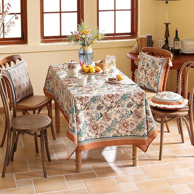 Linen Colorful Vintage Small Square Tablecloth,Indian Block Print Colorfast Durable Table Cloth,Decor Table Cover for Kitchen,Dining,Tea Party,Thanksgiving,Christmas,55"*55"-Mangala