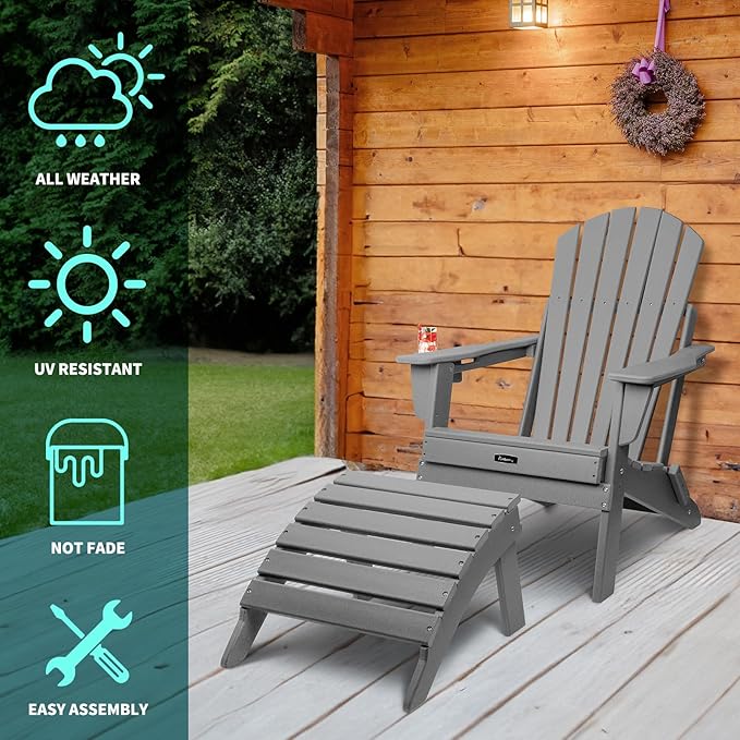 FUNBERRY Folding Adirondack Ottoman Set of 2, HDPE All Weather Outdoor Foot Rest, Easy Storage Patio Footstool, Ottomans and Footstools for Outside