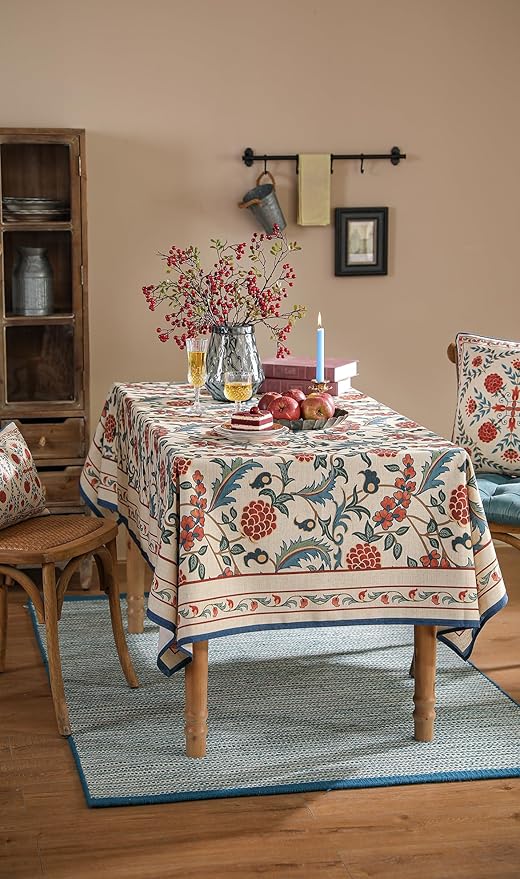patdrea Designer Vintage Linen Extra Long Tablecloth for Rectangle Table,French Soft Floral Tablecloths,Colorful Table Cover for Kitchen Dining,Parties,Christmas,Thanksgiving,Party,63"x110"-Puno